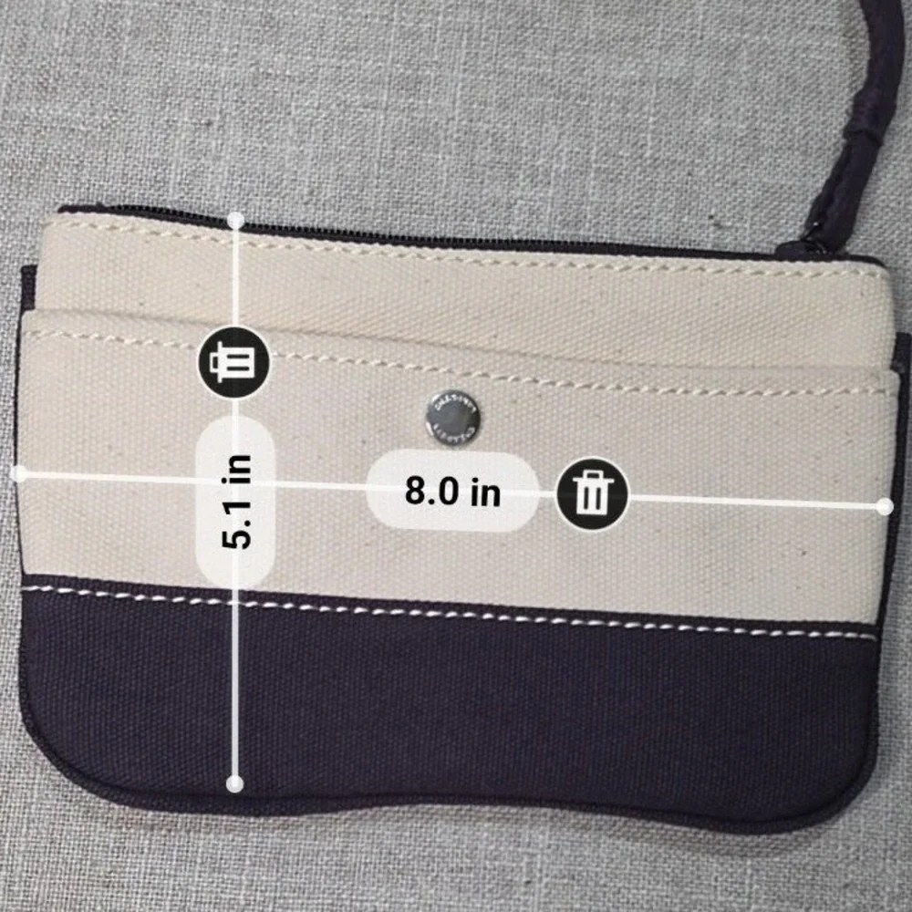 Lands End Canvas Wristlet Pouch Navy Blue Cream Zippered Clutch Bag RN 62830